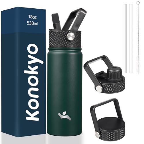 Konokyo 18 oz Insulated Stainless Steel Water Bottle with Straw Lid - color: Army Green, size: 18 Ounces