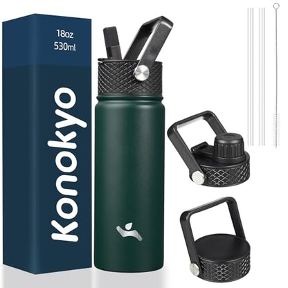 Konokyo 18 oz Insulated Stainless Steel Water Bottle with Straw Lid - color: Army Green, size: 18 Ounces