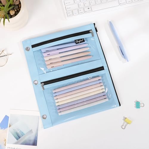 SKYDUE Binder Pencil Pouch for 3 Ring Binder, 3 Compartment Zipper Case, Large Capacity Pen Organizer with Clear PVC Window for School Supplies, Students, Kids & Teachers - color: Skyblue