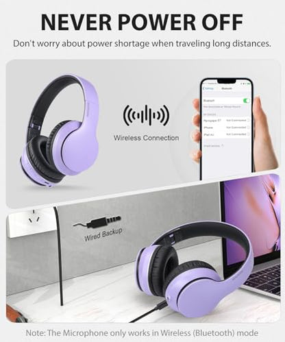 rockpapa E7 Over Ear Wireless Bluetooth Headphones with Mic Without Travel Case, Foldable Wired/Wireless Headphones with Microphone for Kids Childrens Boys Girls Teen Youth Adult Purple Black - color: Purple Black, style: without Case