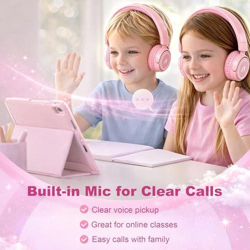 B2 Kids Bluetooth Headphones,85/94dB Safe Volume Limited, Lightweight,Adjustable Toddler Headphones for Ages 2-12,80H Playtime, Bluetooth 5.4, for iPad/Tablet/Travel/School (Pink) - color: Pink