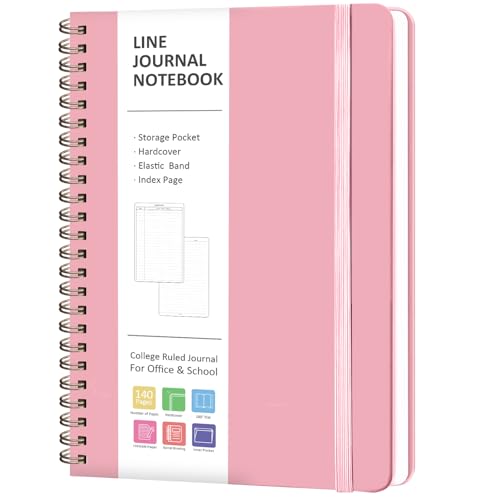A5 Lined Spiral Journal Notebook, 146 Pages Hardcover Notebook with 100 GSM Thick Paper, Inner Pocket & Elastic Closure, 5.7" x 7.9", Notebooks for Work, School, College, Office, Journaling & Note Taking - color: PINK