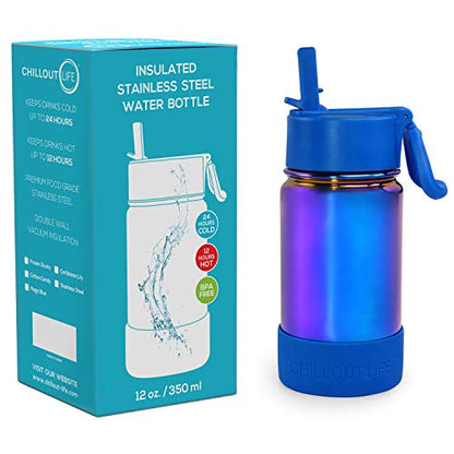 CHILLOUT LIFE 12oz Kids Insulated Stainless Steel Water Bottle with Leak Proof Straw Lid & 144 Stickers - color: Magic Blue, style: 12 oz