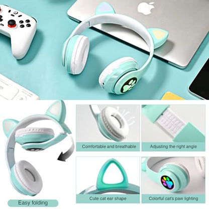 Cat Ear Bluetooth Kids Headphones, LED Lights, Foldable, Green | Wireless Bluetooth 5.0, foldable design, built-in mic & TF card slot, adjustable comfort, ideal for kids' learning & play. - color: Green