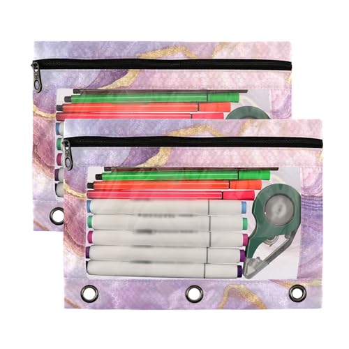 Kcldeci Pencil Pouch for 3 Ring Binder, Pink Marble 2 Pack Binder Pencil Pouch with Clear Window Pencil Bags with Zipper Pencil Case for Binder - color: A07