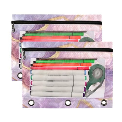 Kcldeci Pencil Pouch for 3 Ring Binder, Pink Marble 2 Pack Binder Pencil Pouch with Clear Window Pencil Bags with Zipper Pencil Case for Binder - color: A07