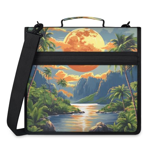Summer Plam Sea Zipper Binder, 3 D-Ring Expanding File Folder with Handle & Adjustable Shoulder Strap, 400 Sheets Capacity Multi-Pocket Organizer for 13 Inch Laptop - color: Summer Plam Sea