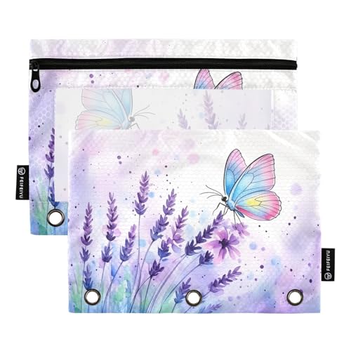Gredecor 2 Pack Binder Pencil Pouch 3 Ring Meadow Purple Lavender Butterfly Zipper Pencil Pouches Case Cosmetic Bags with Clear Window Organizer for School Office - color: Multi4