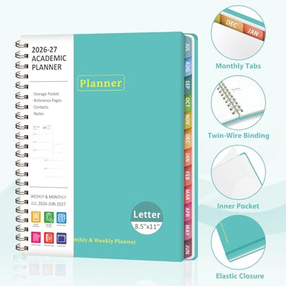 Planner 2026-2027, Academic Weekly and Monthly Calendar Planner, July 2026 - June 2027, Hardcover Spiral Agenda Book, School Supplies for Teacher Student - Letter Size(8.5" x 11") - color: L-Aquamarine, size: 8.5"x11"(Jul 2026-Jun 2027)