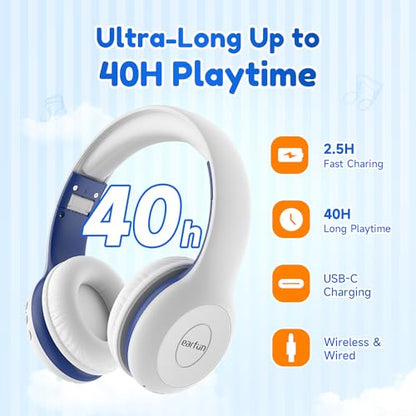 EarFun K2 Kids Bluetooth Headphones, Kids Headphones with Volume Limited, 40H Playtime, Built-in Mic, Stereo Sound, Foldable Over-Ear Headphone for School/Travel/iPad/Tablet, White - color: White