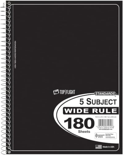 Top Flight Standards 5-Subject Wirebound Notebook, 180 Sheets, 3-Hole Punched, Wide Rule, 10.5 x 8 Inches, 1 Notebook, Color May Vary (31414) (Pack of 12) - size: 1 Count (Pack of 12)