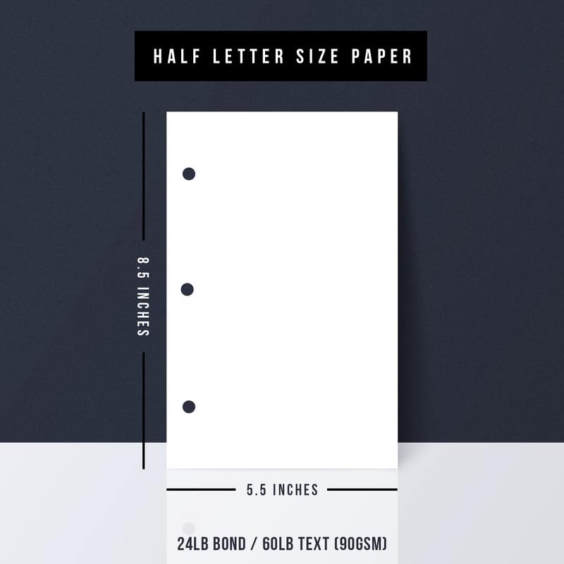 Half Letter Blank Paper, 3 Hole Punched, Bright White 3 Ring Binders and Clipboards Refill – 8.5" x 5.5" – Writing, Copy, Printing – Regular Paper, 24lb Bond/60lb Text/90 GSM – 250 Sheets per Pack