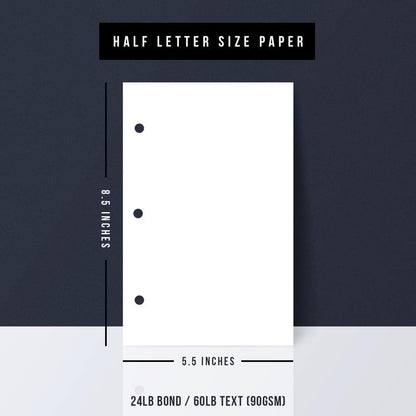 Half Letter Blank Paper, 3 Hole Punched, Bright White 3 Ring Binders and Clipboards Refill – 8.5" x 5.5" – Writing, Copy, Printing – Regular Paper, 24lb Bond/60lb Text/90 GSM – 250 Sheets per Pack