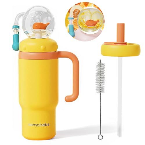 Como bebe 24oz 316 Stainless Steel Whale Fountain Sippy Cup, Insulated Whale Squirt Tumbler with Handle, Leak Proof Straw Cup with 2 Types Lids, Fits Car Cup Holder for Kids Teens Adults (orange) - color: Orange