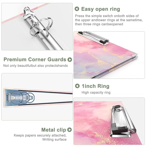 Rouidr 3 Ring Binder with clipboard, 1 inch 8.5 x 11 in Letter Size View Binders Organizer with Dividers Tabs & Clear Sleeves, School Supplies, Office Supplies - color: Cute Pink Marble, size: 1in(Letter Size)