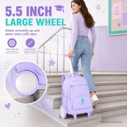 CCJPX 3Pcs Women & Girls Rolling Backpack with Bigger Wheels, Extra-Large Wheeled Bookbag with Lunch Box, Water Resistant Extra-Large Roller Luggage for Travel, Work, College (Purple) - color: Purple(upgrade Large Wheel)