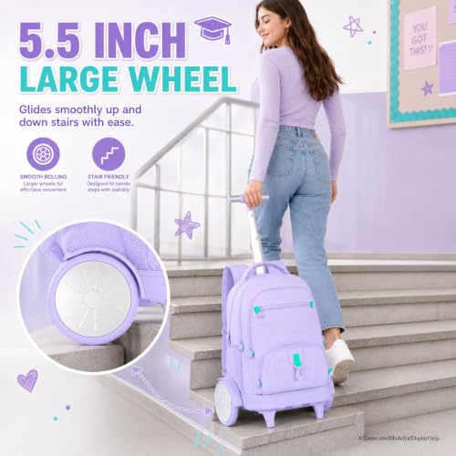 CCJPX 3Pcs Women & Girls Rolling Backpack with Bigger Wheels, Extra-Large Wheeled Bookbag with Lunch Box, Water Resistant Extra-Large Roller Luggage for Travel, Work, College (Purple) - color: Purple(upgrade Large Wheel)