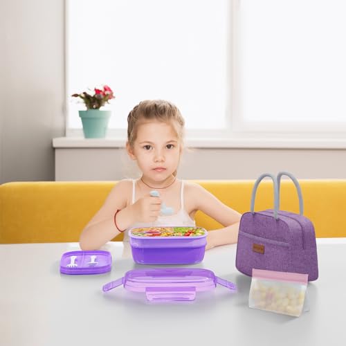 JBGOYON Leakproof Bento Box & Insulated Lunch Bag Set, 4-Piece, Purple | 6-hour thermal retention, includes nested knife fork spoon, 2 reusable snack pouches, designed for adults and kids - color: Purple Set