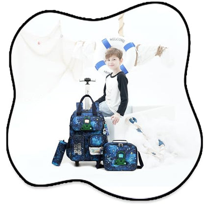 3 in 1 Boys Rolling Backpack with Wheels for Elementary Kindergarten Students Kids Travel Luggage Carry on Backpack for Boys Ages 6-8 - color: B Space