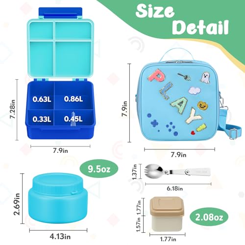 Kids Bento Box - 4 Compartment, Leak-Proof, with Soup Thermo | 9oz Soup Thermo Included, Insulated Lunch Bag, For Boys & Girls, School & Travel - color: Play-Blue