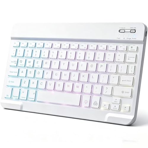 Mini Bluetooth Keyboard, Small Portable Wireless Rechargeable Keyboard with 7-Color RGB Backlit for iPad iPhone Android Samsung Tablet Smartphone(White) - color: white1