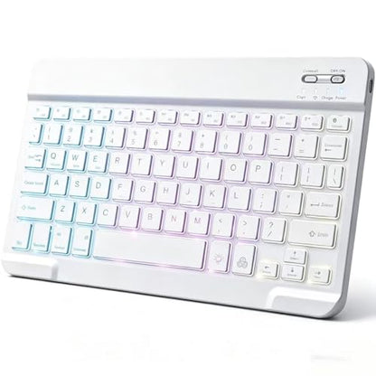 Mini Bluetooth Keyboard, Small Portable Wireless Rechargeable Keyboard with 7-Color RGB Backlit for iPad iPhone Android Samsung Tablet Smartphone(White) - color: white1