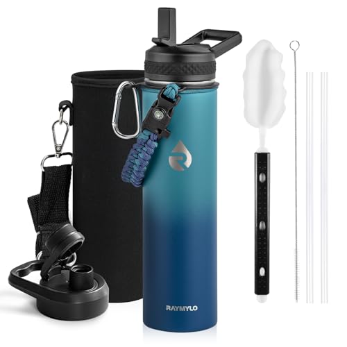 RAYMYLO Insulated Water Bottle 24 oz, Triple Wall Vacuum Stainless Steel (Cold for 24Hrs, Hot for 12Hrs), Leak Proof & Non-BPA, Modern Water Flask Jug with Paracord Handle & Straw Spout Lids - color: Cyan Blue, size: 24 Ounces