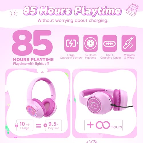 Kids Bluetooth Headphones, 85H Playtime Wireless Headphones for Kids, Colorful LED Lights, 85/94dB Safe Volume Limit, Bluetooth 5.4 Built-in Mic Toddler Headset for Tablet/Airplane (Fuscia Pink) - color: Fuscia Pink