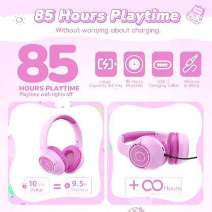 Kids Bluetooth Headphones, 85H Playtime Wireless Headphones for Kids, Colorful LED Lights, 85/94dB Safe Volume Limit, Bluetooth 5.4 Built-in Mic Toddler Headset for Tablet/Airplane (Fuscia Pink) - color: Fuscia Pink