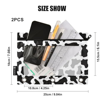 Binder Pouches 3 Ring for Boys Girls Black White Cow Print Zipper Pencil Pouches Case Bag with Clear Window School College Office Supplies 2 Pack - color: Cow Print