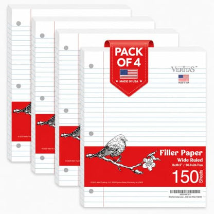 WritePads Wide Ruled Loose Leaf Paper 600 Sheets, 4 Pack Bulk Notebook Paper, 8"x10.5" 3 Hole Punched Binder Fitter Paper, Fits Standard 3-Ring Binders, Ink Bleed Resistant, Made in USA - color: Wide Ruled Filler Paper, size: 4 Pack (600 Sheets)