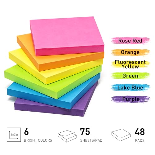Sticky Notes 3x3 Inch (48 Pads) Bright Colors Self-Stick Memo Pads, Thick Paper Easy to Stick & Remove