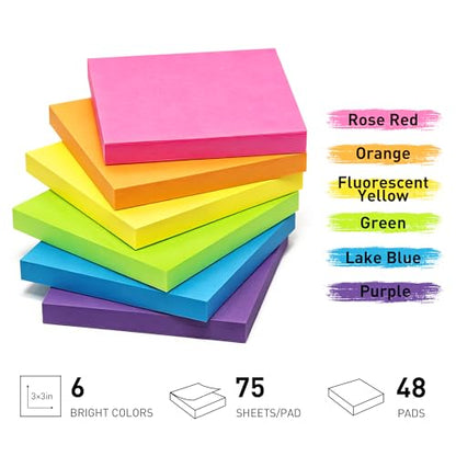 Sticky Notes 3x3 Inch (48 Pads) Bright Colors Self-Stick Memo Pads, Thick Paper Easy to Stick & Remove