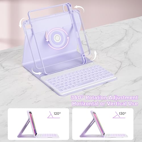 YBING Keyboard Case for iPad 10th Gen 10.9 inch(2022) & 11th Gen(A16, 2025), 7-Color Backlit Detachable Keypad & Rotatable Magnetic Case with Pencil Holder (Purple) - color: Purple