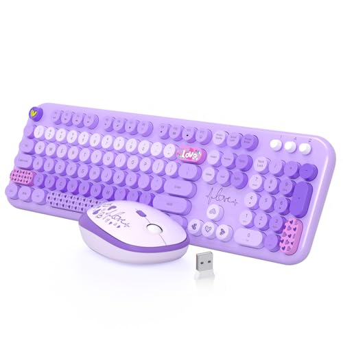 MOFII Keyboard and Mouse Wireless, 104 Round Keys Lovely Full-Size Cute Colorful Keyboard and Mouse with Retro Typewriter for PC/Mac/Laptop/Tablet/Computer/Windows Purple - color: Purple