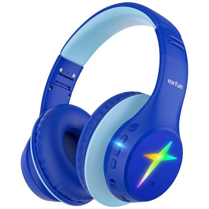 EarFun K4 Kids Bluetooth Headphones, Wireless Headphones with LED Lights | 74/85/94dBA Volume Limited, Built-in Mic, 90H Playtime, Stereo Sound Bluetooth 5.4 Over Ear Headphone for iPad/Tablet/School - color: Blue