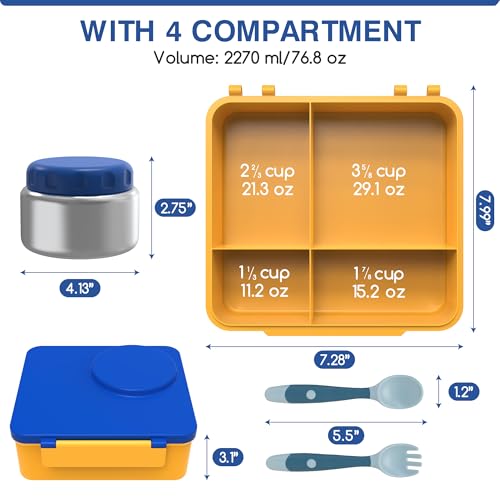 Bento Box for Kids - Leak-Proof Bento Lunch Box with Insulated Thermo Food Jar - 4 Compartments, 1 Removable Divider, 1 Spoon, 1 Fork - Dishwasher Safe, BPA-Free (Blue) - color: Blue