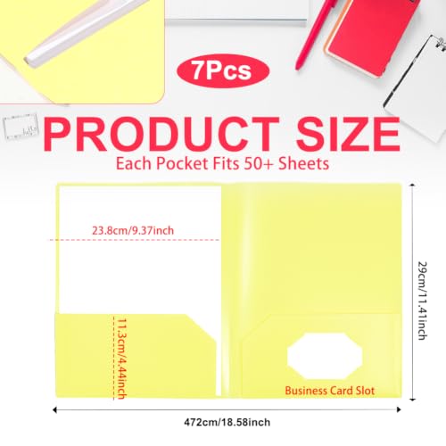 Yellow Folders with Pockets 7 Pack, 2 Pocket Folders Fit Letter Size 8.5x11 inches Paper, Plastic File Folders with Business Card Slot for Documents School Office and Home - color: Yollow