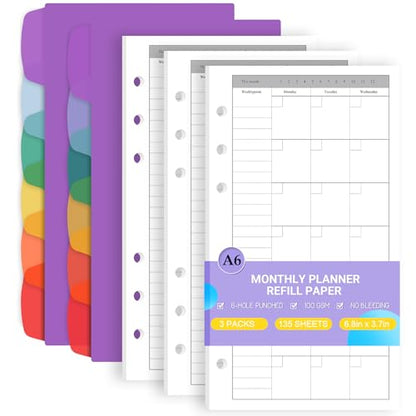 Antner A6 Monthly Planner Refill Paper for A6 6-Ring Refillable Binder, 135 Sheets Monthly Loose Leaf Filler Paper with Weeklypoint/Daily Section & 12 PCS Binder Dividers for Agenda Work Schedule - color: Monthly Plan Paper