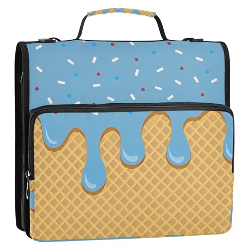 3 Ring Zipper Binder with Shoulder Strap Blue Ice Cream 1.5 inch Binders Keeper Large Capacity Multi Pockets for School Office Supplies - color: Multi342, size: Fit 500 Sheets