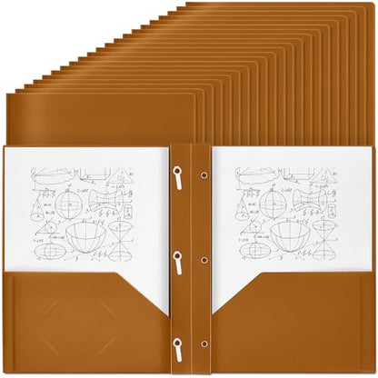 Yeaqee 30 Plastic Folders with Pockets and Prongs Plastic Folder 2 Pockets 3 Prongs with Card Slot for Office, School for Students, Teachers, Office Workers (Brown) - color: Brown