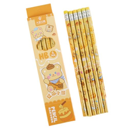 6PCS Wood Pencil Cartoon Pencils Drawing for Class Reward Drawing Sketching School Supplies Ergonomic Hexagonal - color: Creamy Bear