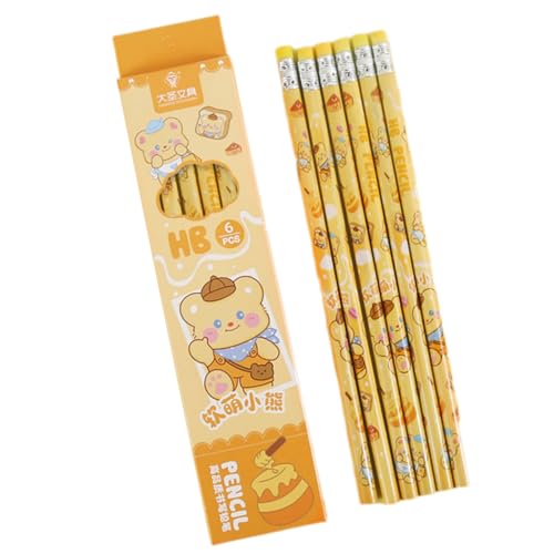 6PCS Wood Pencil Cartoon Pencils Drawing for Class Reward Drawing Sketching School Supplies Ergonomic Hexagonal - color: Creamy Bear