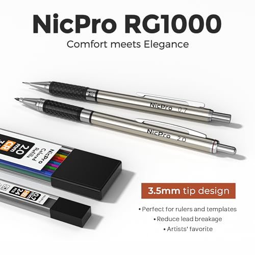 Nicpro 6PCS Art Mechanical Pencil Set, 3PCS Metal Drafting Pencil 0.5 mm & 0.7 mm & 0.9 mm & 3PCS 2mm Lead Pencil Holder (4B 2B HB 2H Colors) For Sketching Drawing With Lead Refills Erasers Case - style: 6 Pack (0.5mm+0.7mm+0.9mm+2.0mm)