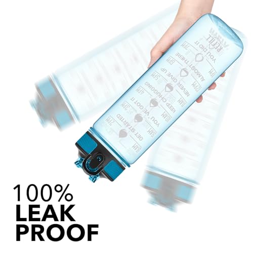Hyeta Water Bottle with Straw & Time Marker, Plastic 32oz Leakproof | Motivational Tritan BPA Free Gym Office Outdoor Intake Tracker Hourly Reminder Straw Lid Carry Strap - color: Clear Cerulean