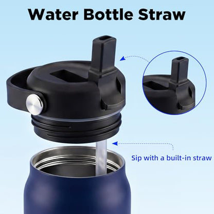 32 oz Insulated Water Bottle with Straw, Leakproof Stainless Steel Bottle with Handle, Non-Slip Silicone Sleeve, Internal Markings, Dishwasher Safe for Travel, Gym, Sports, Dark Blue - color: Dark Blue