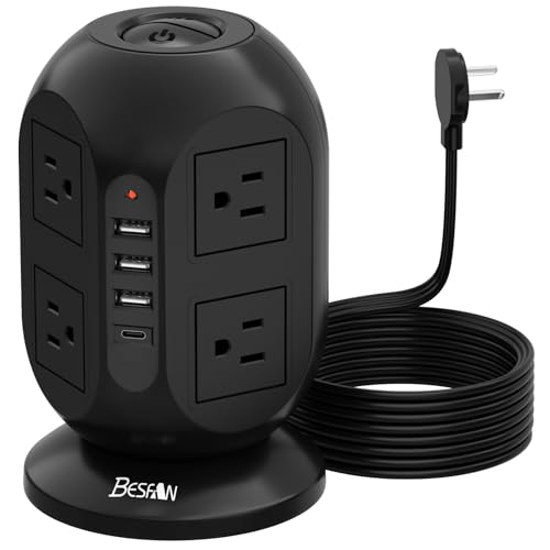 Surge Protector Power Strip Tower with 8 AC Outlets 4 USB Ports (1 USB C), 10 ft Flat Extension Cord with Multiple Outlets Charging Station for Dorm Home Office Essentials, Black - color: Black-C