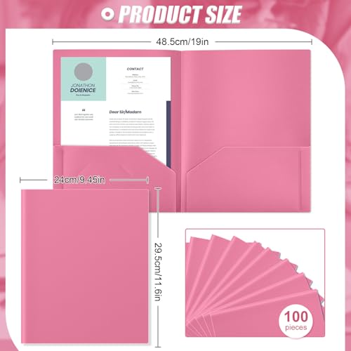 Gueevin 100 Pack Plastic Folder with Pockets, 2 Pocket Folders, Plastic Glossy Folders Fit Letter Size Paper, Heavy Duty Durable File Folder with Business Card for Home Office School (Pink) - color: Pink