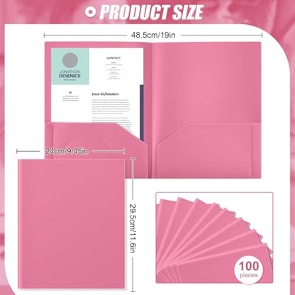 Gueevin 100 Pack Plastic Folder with Pockets, 2 Pocket Folders, Plastic Glossy Folders Fit Letter Size Paper, Heavy Duty Durable File Folder with Business Card for Home Office School (Pink) - color: Pink