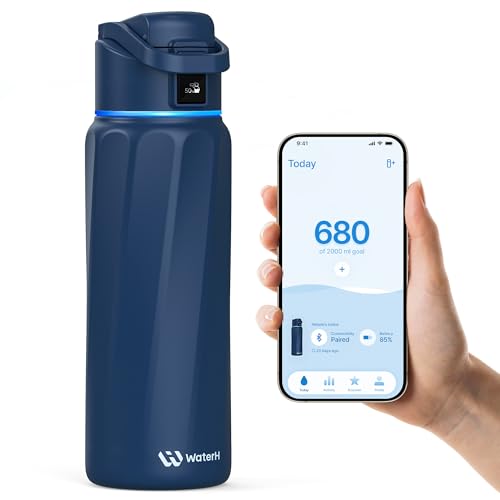 WaterH BOOST Smart Water Bottle Tracker with Reminder to Drink Water, 32oz | Double Wall Vacuum Insulated Stainless Steel, BPA-Free, Leakproof, Smart App Tracking, Travel-Friendly Wide Mouth for Office - color: Navy Blue, size: 32 Ounces